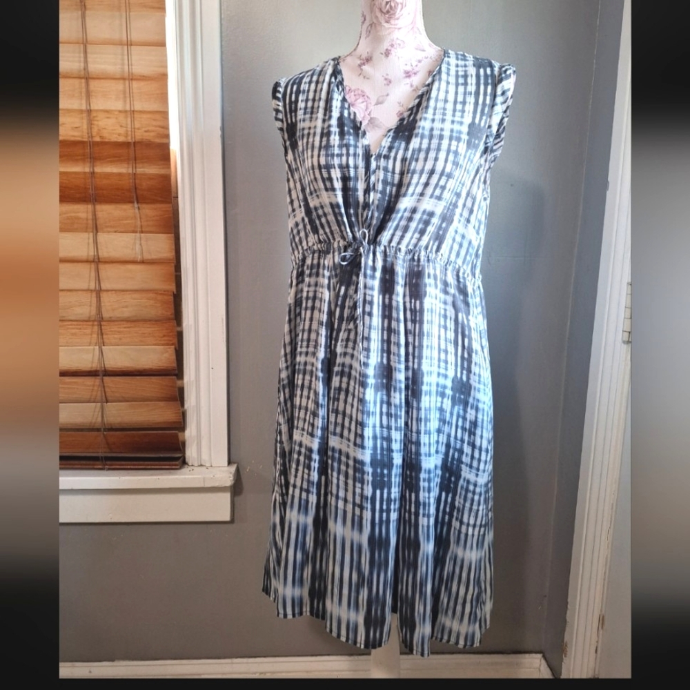 Comptoir Des Cottoniers 100% Silk Sleeveless Navy Blue White Cinch Tie Dress M